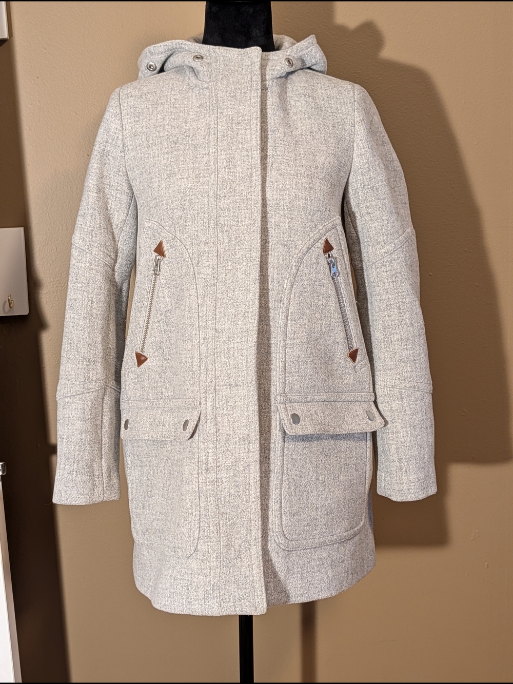 J. Crew Chateau Parka Italian Wool Stadium Cloth Light Gray Hooded A-Line Sz 2P. - Picture 1 of 13